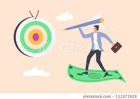 Businessman flies on a banknote, holds an arrow and aims at the target. Targeting concept vector. Businessman flies on a banknote, holds an arrow and aims at the target. Targeting concept vector. 112871928