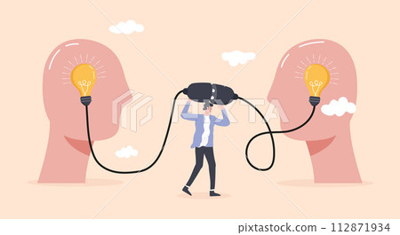 Solve of problems. Office worker holding a cable with socket and plug, trying to solve difficult problem. 112871934