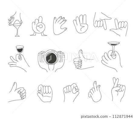 Korean finger heart sign set. Finger with mini heart and respect symbol. I like you, self. Finger Heart gesture. 112871944