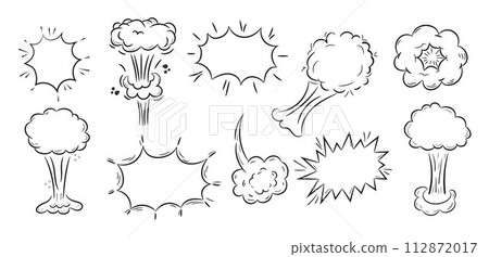 Explosion doodle, bomb element. Comic zap, boom, bam smoke sketch elements. Explosion doodle, bomb element. Comic zap, boom, bam smoke sketch elements. 112872017