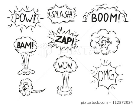 Explosion doodle, bomb element. Comic zap, boom, bam smoke sketch elements. Explosion doodle, bomb element. Comic zap, boom, bam smoke sketch elements. 112872024