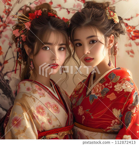 Two women wearing glamorous kimono/AI generation Two women wearing glamorous kimono/AI generation 112872413