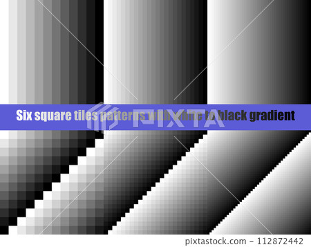 Black to white gradient in square tiles, seamless vector pattern, grey scale, contrasting tones, collection of six 112872442