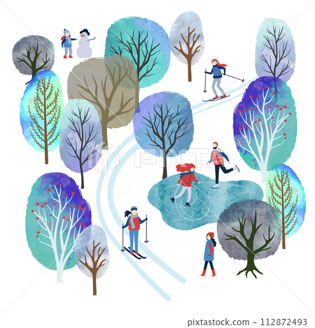Winter landscape with people vector watercolor illustration. Christmas card 112872493