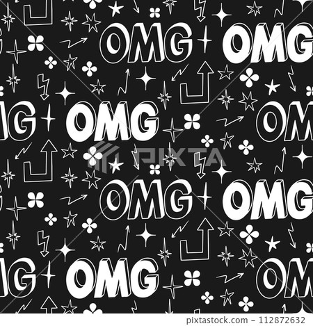 90s style black and white pattern with doodle word omg. Vector outline doodle hand drawn words and signs in 3d style. Perfect for modern textile, banner, wrapping paper, decoration 112872632