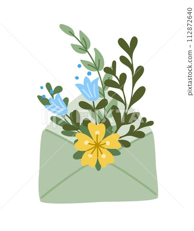Flat doodle envelope with abstract floral composition. Flat hand drawn colored elements on white background. Unique print design for printout, poster, interior. Spring modern concept Flat doodle envelope with abstract floral composition. Flat hand drawn colored elements on white background. Unique print design for printout, poster, interior. Spring modern concept 112872640