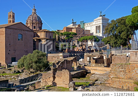 ROME, ITALY Roman ruins, excavations. Ruins of the roman Forum from the Palatine Hill 112872681