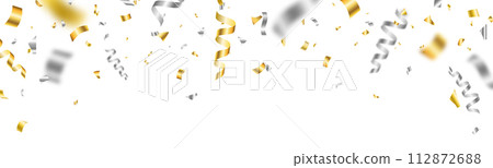 Silver and gold confetti background. Celebrate event card. Glitter falling paper. Anniversary party. Carnival serpentine and tinsel poster. Festive birthday surprise decoration. Vector illustration Silver and gold confetti background. Celebrate event card. Glitter falling paper. Anniversary party. Carnival serpentine and tinsel poster. Festive birthday surprise decoration. Vector illustration 112872688