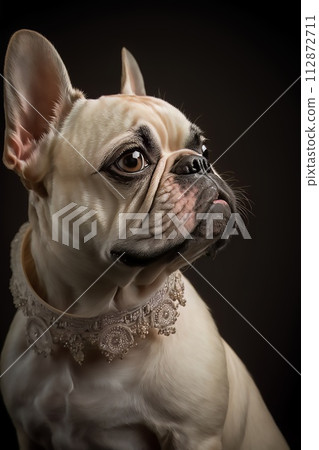 AI-generated content. A close-up of a French Bulldog wearing a wedding veil, gazing aside 112872711