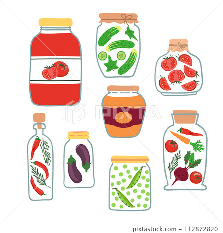 Vector set of pickled vegetables. Preserved vegetables doodle illustration 112872820