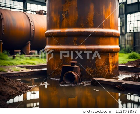 AI-generated content. Large Metal Tank Next to Water Puddle. Generative AI AI-generated content. Large Metal Tank Next to Water Puddle. Generative AI 112872858