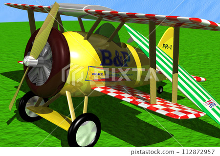 Illustration of a biplane and a surfboard with a fictional logo 112872957