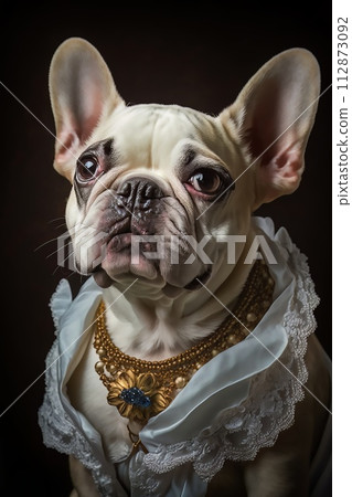 AI-generated content. A French Bulldog donning vintage-inspired jewelry and lace 112873092