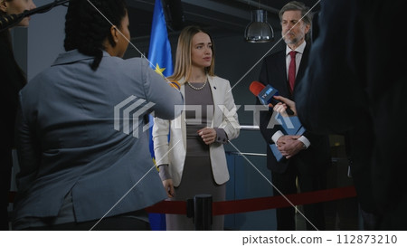 Female Representative of the European Union at press conference Female Representative of the European Union at press conference 112873210