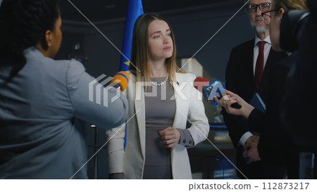 European female politician gives interview for media European female politician gives interview for media 112873217