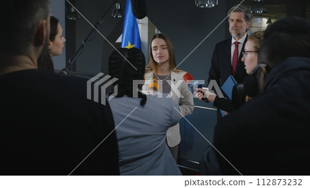 Female Representative of the European Union at press conference Female Representative of the European Union at press conference 112873232
