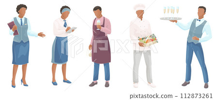 Restaurant staff smiling African American male and female characters. Manager, cook, waiter sommelier employees Restaurant staff smiling African American male and female characters. Manager, cook, waiter sommelier employees 112873261