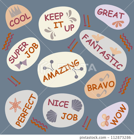 Vector Motivational Collection of stickers with the words great job and cool Vector Motivational Collection of stickers with the words great job and cool 112873286