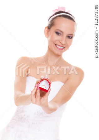 Excited bride woman showing engagement ring box. Excited bride woman showing engagement ring box. 112873389