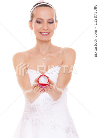 Excited bride woman showing engagement ring box. 112873390