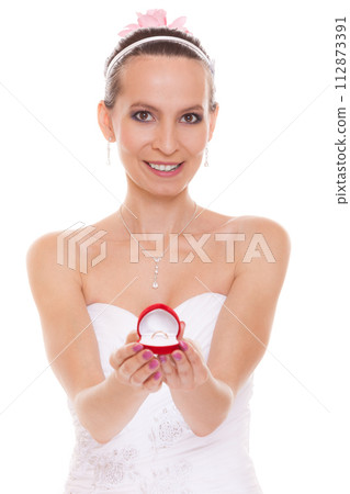 Happy bride woman showing engagement ring box. Happy bride woman showing engagement ring box. 112873391