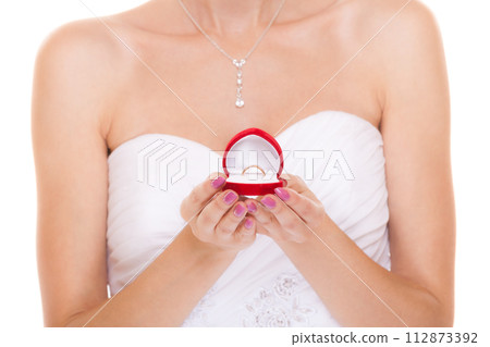 Engagement ring box in woman bride hands. Engagement ring box in woman bride hands. 112873392
