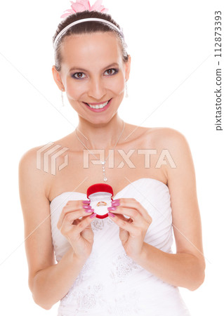 Excited bride woman showing engagement ring box. Excited bride woman showing engagement ring box. 112873393