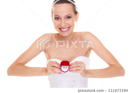 Excited bride woman showing engagement ring box. Excited bride woman showing engagement ring box. 112873394