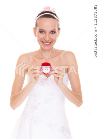 Happy bride woman showing engagement ring box. Happy bride woman showing engagement ring box. 112873395