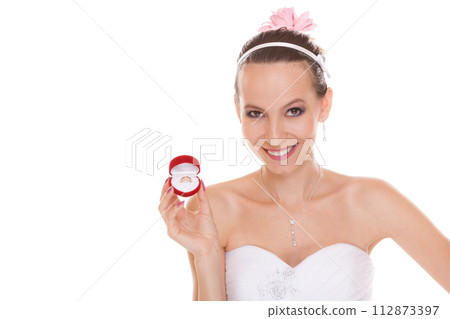 Excited bride woman opening engagement ring box. Excited bride woman opening engagement ring box. 112873397