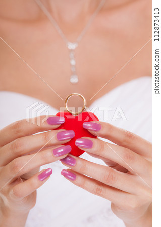 Engagement ring box in woman bride hands. Engagement ring box in woman bride hands. 112873413