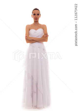 Full length bride in white wedding gown isolated 112873422