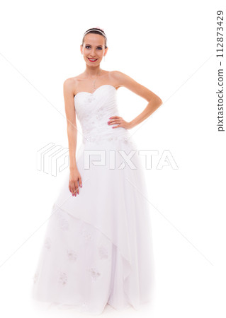 Full length bride in white wedding gown isolated Full length bride in white wedding gown isolated 112873429