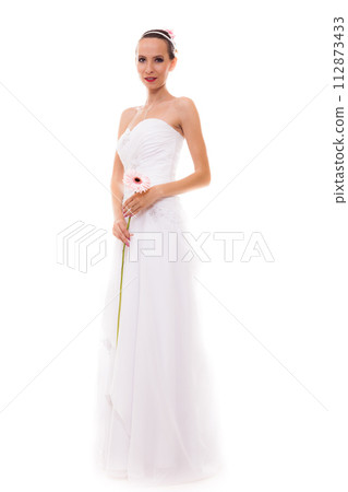Full length bride in white wedding gown isolated 112873433