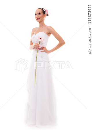 Full length bride in white wedding gown isolated 112873435