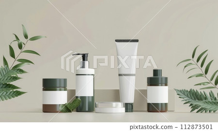 A collection of cosmetic mockup bottles and a tube on a light background, perfect for branding designs 112873501