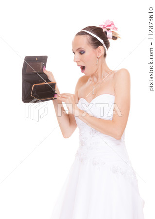 Woman bride with empty wallet. Wedding expenses. Woman bride with empty wallet. Wedding expenses. 112873610