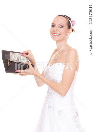 Woman bride with one dollar. Wedding expenses. Woman bride with one dollar. Wedding expenses. 112873611