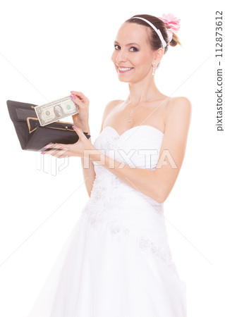 Woman bride with one dollar. Wedding expenses. Woman bride with one dollar. Wedding expenses. 112873612