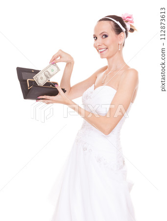 Woman bride with one dollar. Wedding expenses. Woman bride with one dollar. Wedding expenses. 112873613