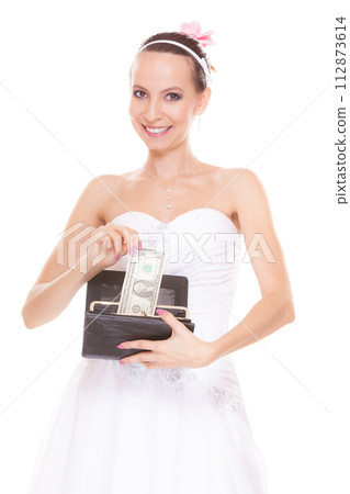 Woman bride with one dollar. Wedding expenses. Woman bride with one dollar. Wedding expenses. 112873614