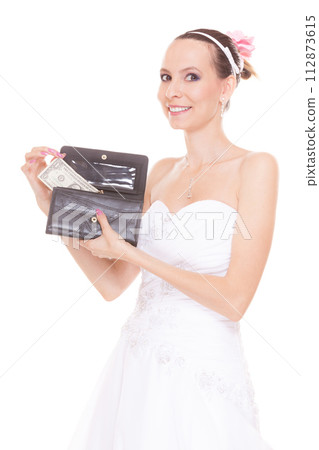 Woman bride with one dollar. Wedding expenses. Woman bride with one dollar. Wedding expenses. 112873615
