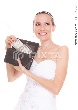 Woman bride with one dollar. Wedding expenses. Woman bride with one dollar. Wedding expenses. 112873616