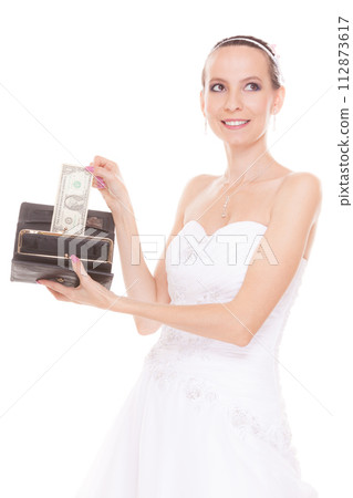 Woman bride with one dollar. Wedding expenses. Woman bride with one dollar. Wedding expenses. 112873617