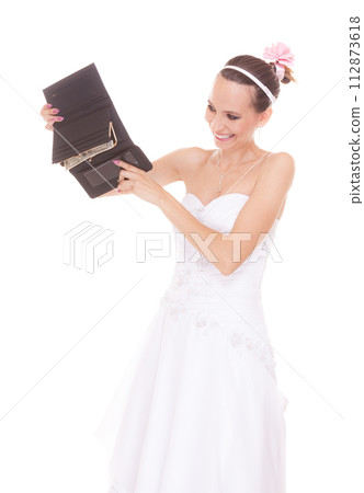 Woman bride with one dollar. Wedding expenses. Woman bride with one dollar. Wedding expenses. 112873618