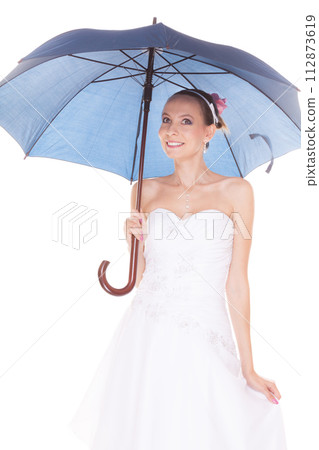 Bride woman in white wedding dress with umbrella. Bride woman in white wedding dress with umbrella. 112873619