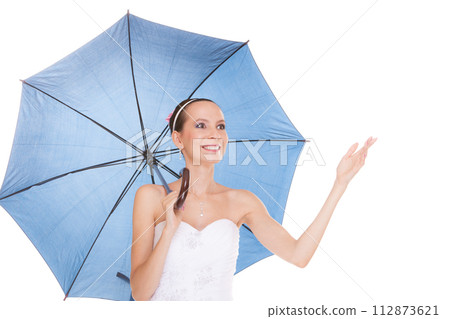 Bride woman in white wedding dress with umbrella. Bride woman in white wedding dress with umbrella. 112873621