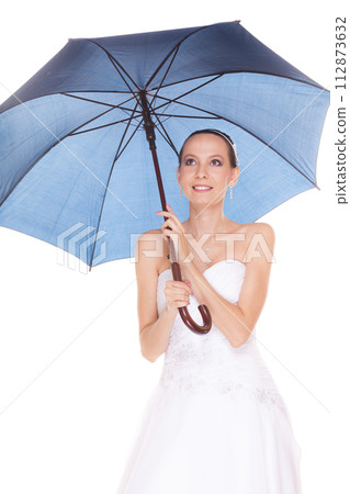 Bride woman in white wedding dress with umbrella. Bride woman in white wedding dress with umbrella. 112873632