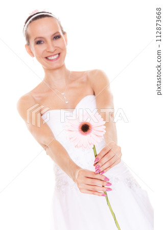 Happy bride white wedding dress with flower 112873668