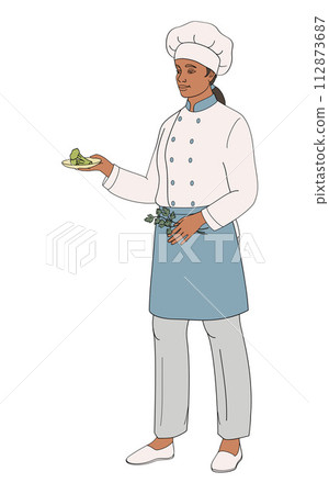standing smiling chef restaurant female African American characters in uniform  112873687